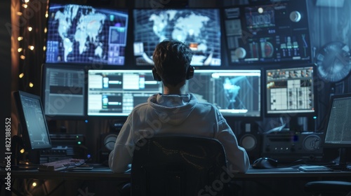 In this image, a teenage hacker is seen working on a computer and infecting data servers connected to government infrastructures with viruses. He is at his hiding place in the dark with many monitors