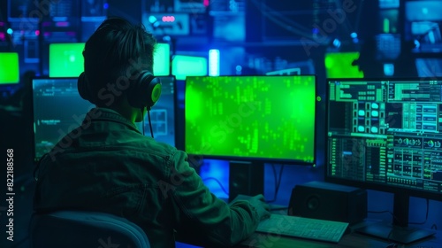 A teenager hacks servers and infrastructure with malware from a dark, neon-lit hideout filled with multiple displays.