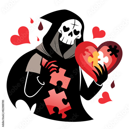 the Grim Reaper holding a glowing, cracked heart with spider webs around it, in a neon cyberpunk style