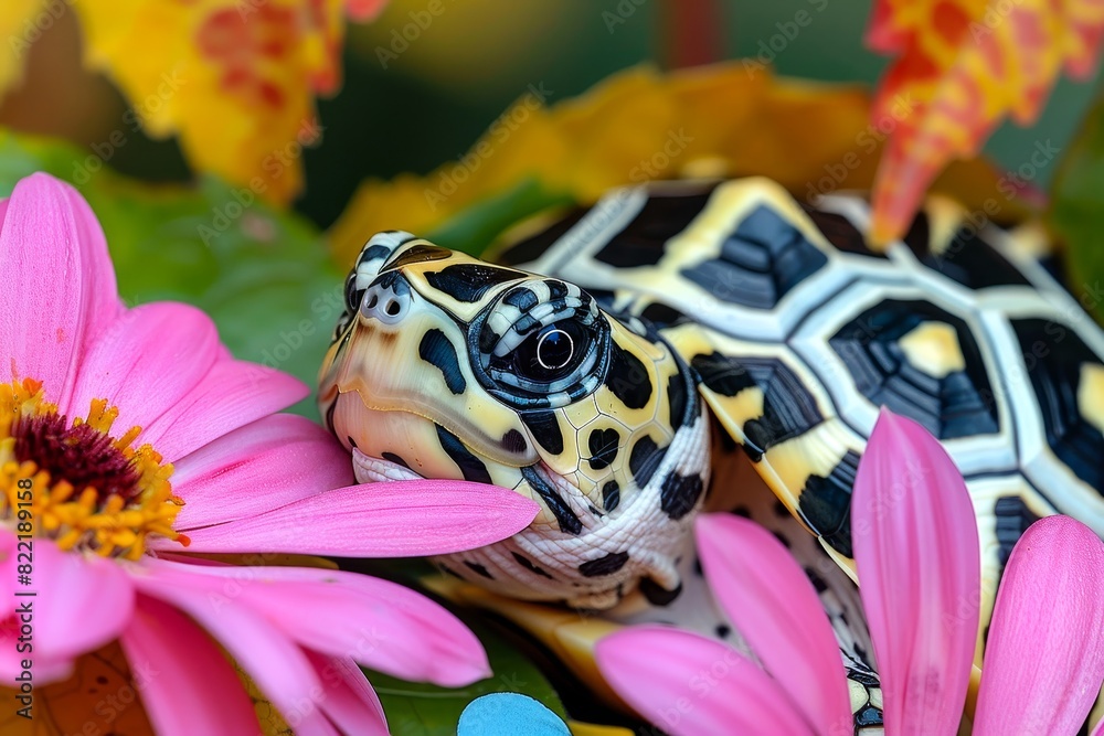 Fototapeta premium Colorful turtle with a unique shell pattern nestling among vibrant flowers, showcasing nature's beauty and tranquility.