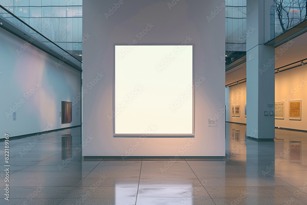 Spacious gallery with an oversized blank poster on a bright wall, simple and grand. Spacious gallery with an oversized blank poster on a bright wall, simple and grand.