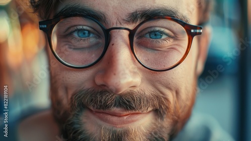 A close-up shot of a young bearded creative man with glasses smiling into the camera.