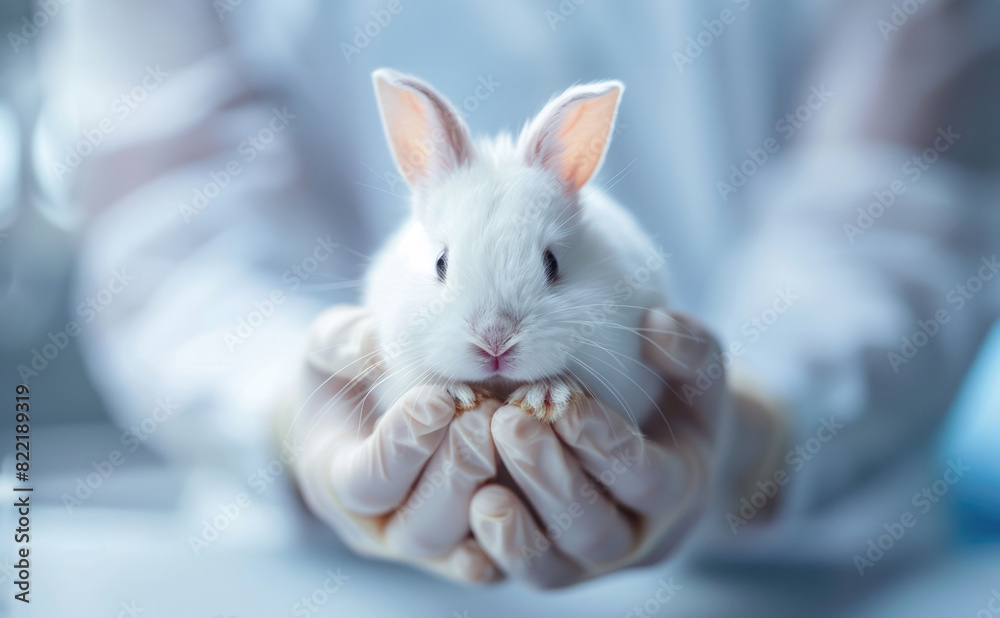 a scientist holding a white rabbit in their hands. a scientist holding a white rabbit in their hands.