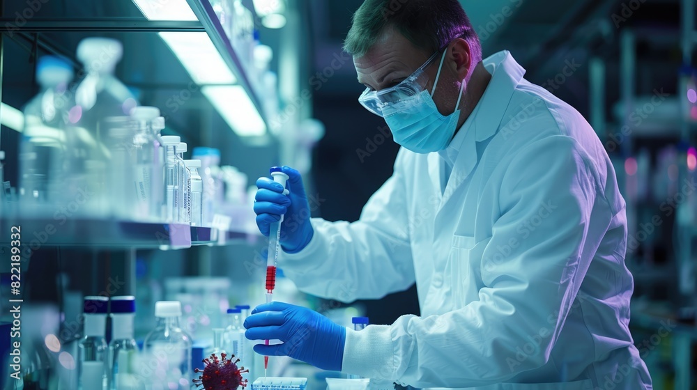 A scientist wearing a lab coat, gloves, and safety glasses is working in a lab. A scientist wearing a lab coat, gloves, and safety glasses is working in a lab.