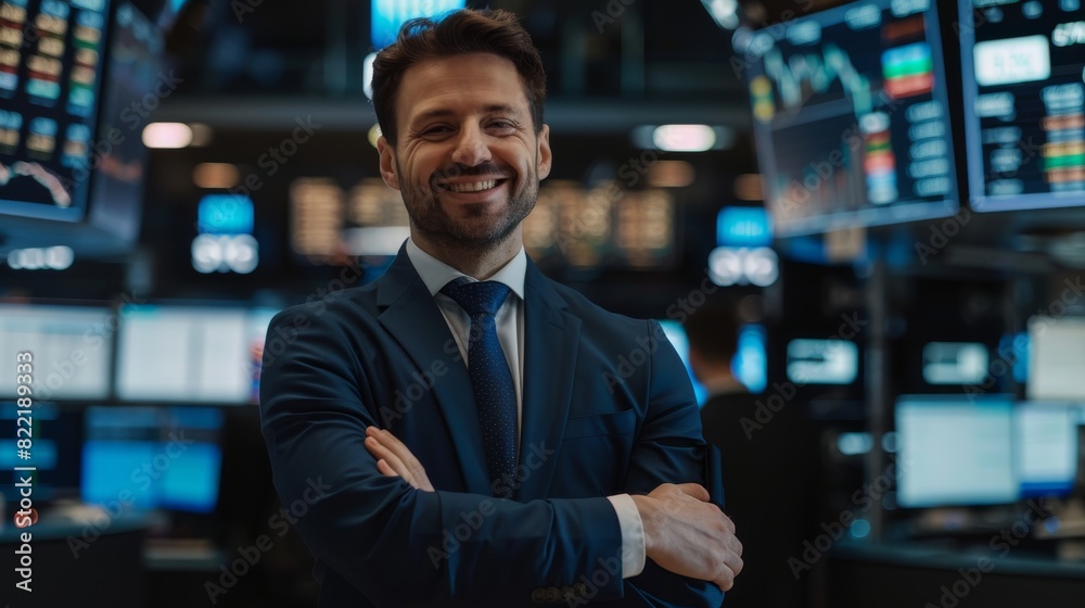 An experienced male stock trader crosses his arms and smiles at the camera. In the background, a busy stock exchange office is occupied by traders, brokers and dealers selling and buying bonds. An experienced male stock trader crosses his arms and smiles at the camera. In the background, a busy stock exchange office is occupied by traders, brokers and dealers selling and buying bonds.