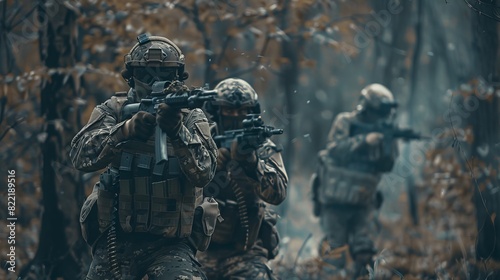 The image shows three fully equipped soldiers in camouflage uniforms attacking the enemy. They are in shooting position, aiming rifles. Action scene of a military operation, squads standing in dense