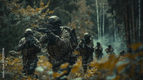 Soldiers in camouflage on a reconnaissance mission, firing rifles in a dense forest. They're running in formation.