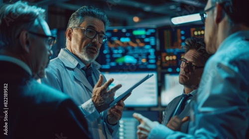 Three experienced stock traders discussing business, consulting documents, and arguing over data. Office is adorned with displays with infographics and numbers.
