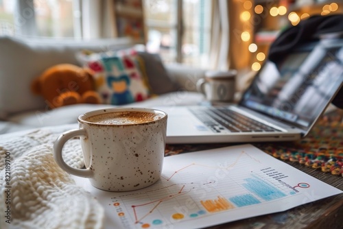 a coffee cup by a laptop and childs drawing shows the intricate balance of work and personal life, illustrating the concept of work-life balance