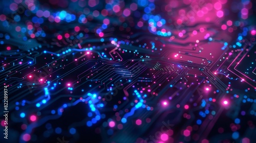 Abstract technology background. Blue and pink glowing particles form a digital landscape.