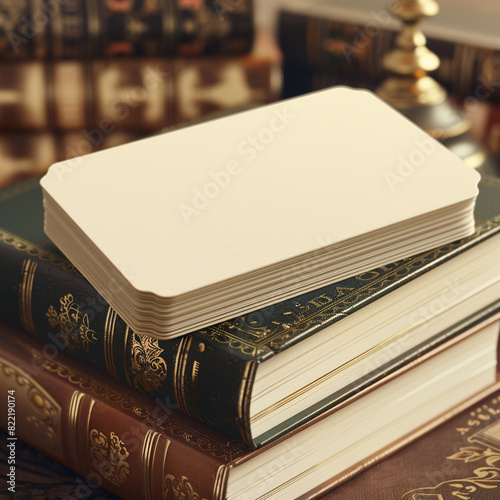Classic novels stack featuring a book-shaped blank business card mockup.