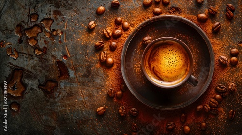 Aerial view of an espresso cup on a dark rustic surface surrounded by coffee beans, creating a warm, cozy atmosphere. photo