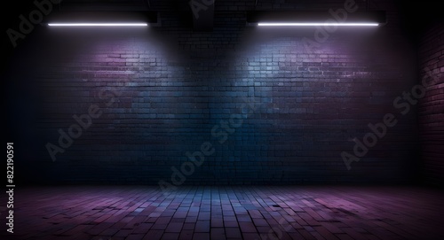 brick wall texture pattern blue and purple background an empty dark scene laser beams neon spotlights reflection on the floor and a studio room with smoke floating up for display products