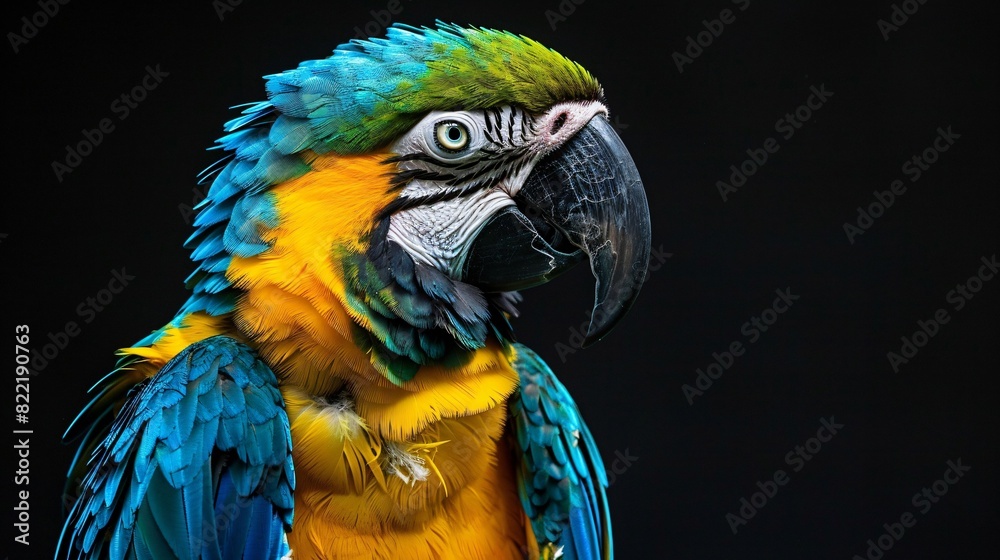 Fototapeta premium Close up of a vibrant parrot with a black background tropical macaw in its natural habitat