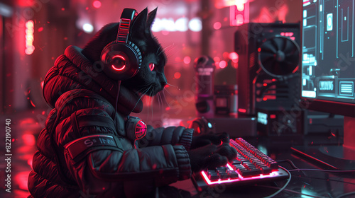  A cat wearing headphones and a hoodie is sitting in front of a computer keyboard. The image has a playful and whimsical mood  as the cat is dressed up like a human and he is using a computer 