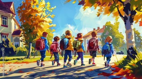Children Walking to School on a Sunny Autumn Morning