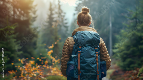 Photo realistic of a woman hiking in a forest, capturing the adventurous physical challenge and deep connection to nature in this rewarding hobby   Stock Photo Concept photo