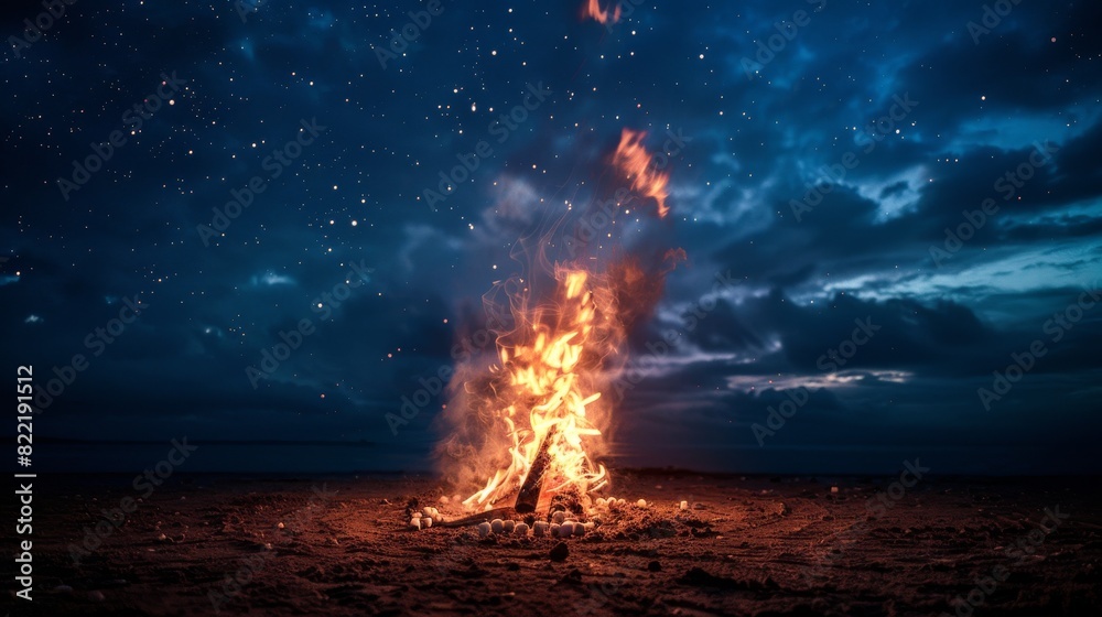 Obraz premium Vibrant Bonfire on a Starry Night Beach Capturing Mystical Outdoor Serenity