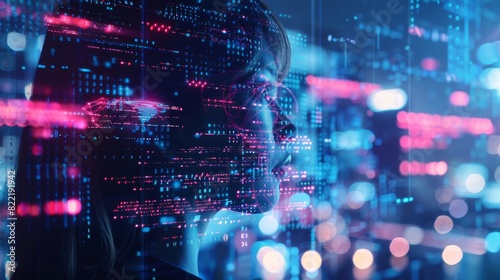 Cybernetics silhouette head woman with neural network brain in cyberspace. Artificial intelligence controls smart city infrastructure.
