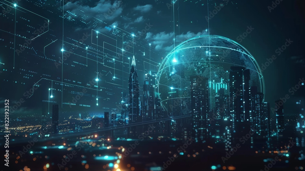 Fototapeta premium An AI-driven smart city that connects to the planet through worldwide mobile internet on phone. In the smart city, artificial intelligence is in charge of the city's infrastructure, data traffic, and