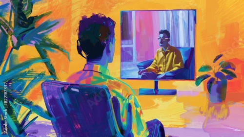 Man sitting in a chair by a window in a colorful room