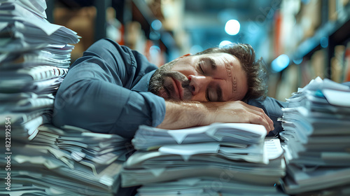 Exhausted HR Manager Asleep on Paperwork Signifying Administrative Demands and Long Hours in Human Resources   Photo Realistic Office Concept photo
