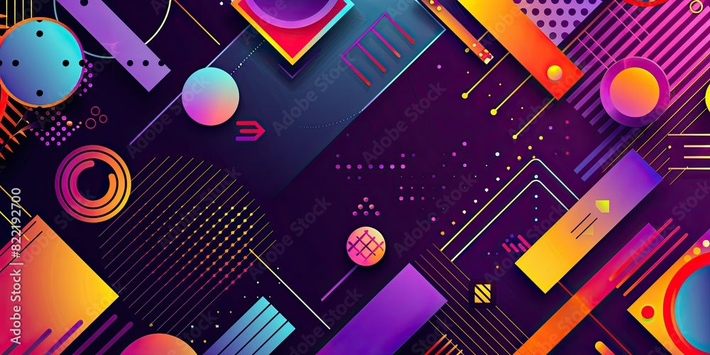 Dark purple background with colorful geometric shapes and patterns, vector illustration, flat design, colorful, orange yellow blue green red pink violet, vector Dark purple background with colorful geometric shapes and patterns, vector illustration, flat design, colorful, orange yellow blue green red pink violet, vector