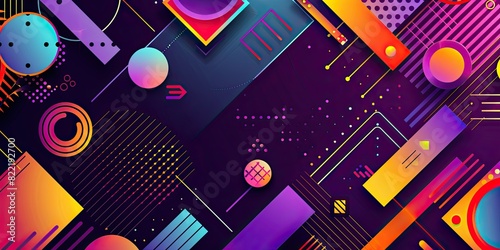 Dark purple background with colorful geometric shapes and patterns, vector illustration, flat design, colorful, orange yellow blue green red pink violet, vector