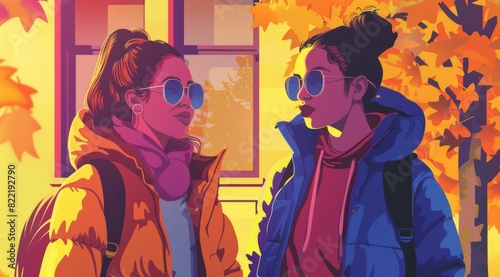 Two Stylish Women in Puffer Jackets and Sunglasses