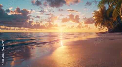 Stunning Tropical Beach Sunrise with Vibrant Sky  Calm Ocean Waves  and Palm Trees