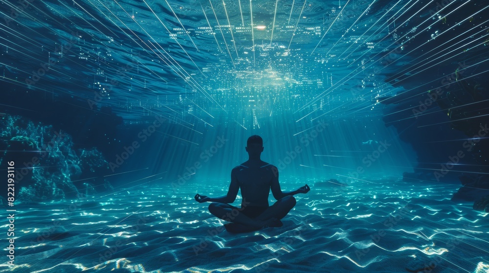 Fototapeta premium Free diver in lotus position in zen harmony in deep ocean. Dawn sun rays illuminate free diver in lotus position in deep ocean. People snorkel in the ocean. Free diver in lotus position in zen