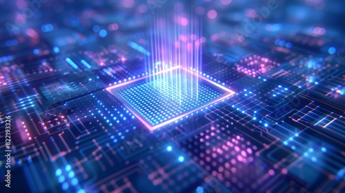 Quantum computer abstraction. Digital signal passes through qubit in core optical CPU. Technology background. Future architecture of quantum computing. photo