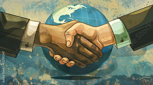 Two hands shaking with a beautiful globe in the background, symbolizing global cooperation, doing business that places importance on environmental conservation and taking care of the world