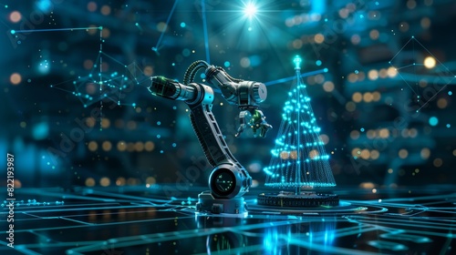 Industrial robots manipulators decorate cyber virtual christmas tree in modern tech style. Robotic arm on a factory on card of Christmas holidays.