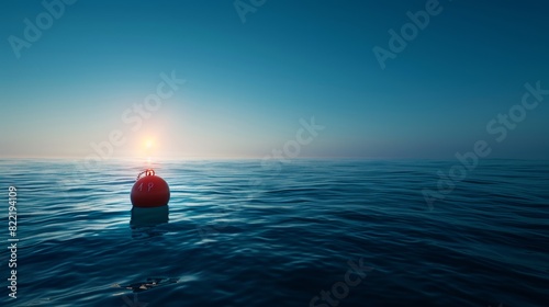 On the water's surface, a buoy is chained to a seabed. Underwater marine landscape. Deep blue ocean with clear cloudless skies and horizons. Nautical navigation floating buoys. photo