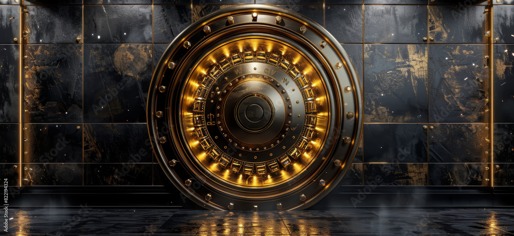 Fototapeta premium 3D rendering of a futuristic vault door with glowing lights.