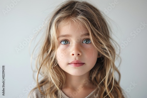 innocence portrait, a young girl, untouched by editing, conveys the pure essence of childhood against a simple white backdrop in her portrait photo