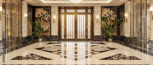 Luxurious marble entrance lobby with elegant design elements, featuring plants and intricate wall art in a sophisticated setting. photo