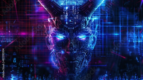 In this image there is a scary AI robot face with horns. Spooky artificial intelligence cyborg head. Cyber halloween party banner. Creepy electronic devil technology monster. photo