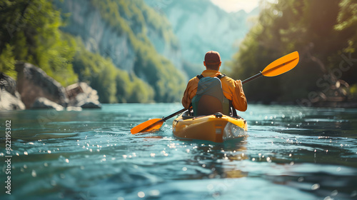 Kayaking Adventure: Man Paddling in River, Embracing Nature s Challenge photo