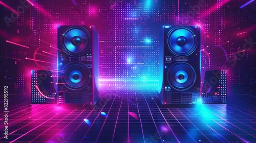 In neon colors, the poster template features a playback speaker with RGB backlighting. It also features a robotic sound system on a Digital Electronic Lights background. The background also features photo