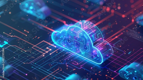 Computing cloud computing isometric concept. Cloud storage in software development. Internet technology developments. Database remote administration. Cloud technology data centers. Abstract computer