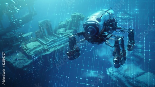 An underwater oceanographer with a drone exploring ruins, ancient amphoras, and ancient ruins in the bottom of the sea. Drone treasure hunters searching under water.