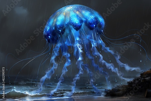 Stunning digital artwork of a glowing blue jellyfish floating above the ocean under a dramatic night sky, creating a surreal scene.