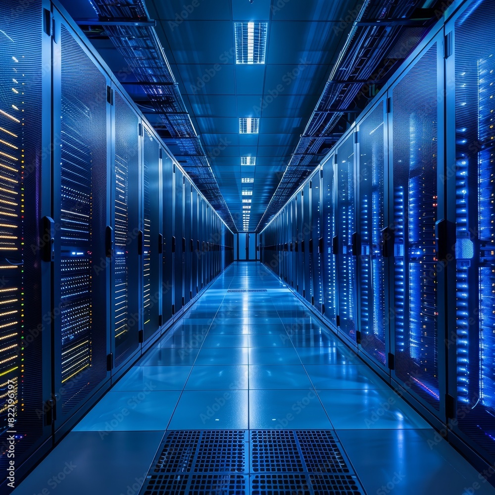A long, blue-lit hallway with rows of server racks on either side. A long, blue-lit hallway with rows of server racks on either side.