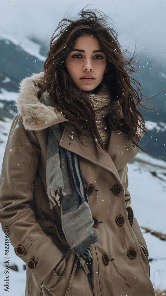 High fashion shoot in the mountains with a model wearing eco friendly outerwear ideal for winter collections High fashion shoot in the mountains with a model wearing eco friendly outerwear ideal for winter collections