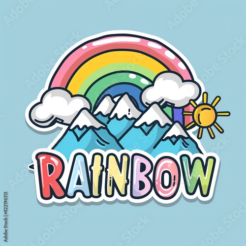 Rainbow mountain scene with sun and rain design elements added photo