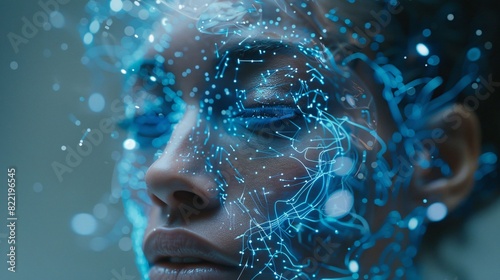 Human like AI head detailed with blue sensory inputs emphasizing neural sophistication and future potential photo