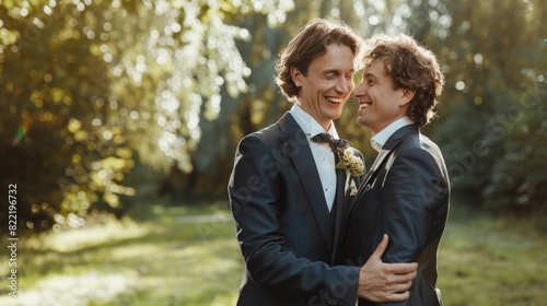 Two men in suits embrace and smile on their wedding day, ideal for themes of LGBTQ+ love and celebration. © mashimara