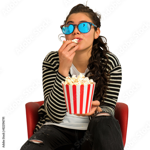 Young woman watching a movie on a small sofa chair while eating popcorn, transparent background